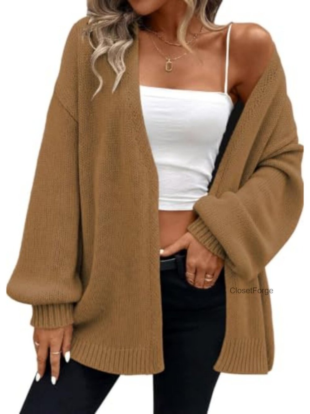 Oversized Cable-Knit Cardigan Sweater with Puff Sleeves & Pockets